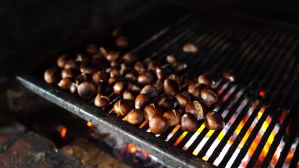 Chestnuts Cracked Skins Being Grilled Fire High Quality Footage — Vídeo de Stock