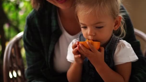 少女は母親の腕の中に座って柿を半分食べる 高品質4K映像 — ストック動画