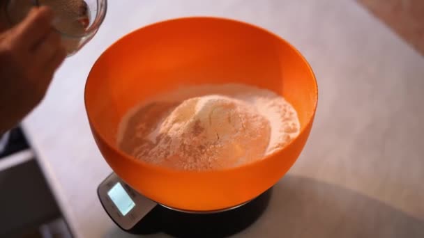 Woman Adding Cinnamon Spoon Jar Sifted Flour High Quality Footage — Stock Video