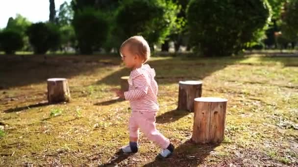 小さな女の子は緑の芝生の切り株の間を歩くことを学ぶ 高品質のフルHd映像 — ストック動画