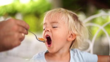 Dad feeds a little girl muesli from a spoon. Cropped. High quality 4k footage