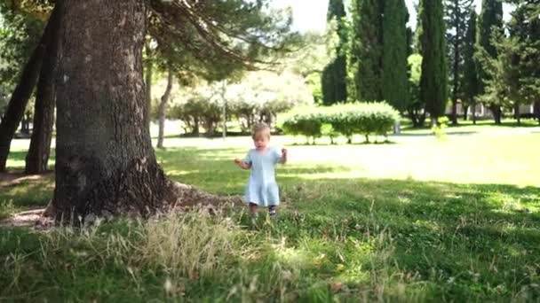 Fetița Într Rochie Merge Lungul Ierbii Verzi Din Parc Echilibrându — Videoclip de stoc