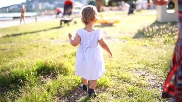 Little Girl Walks Green Grass Swing Back View High Quality — Stock videók