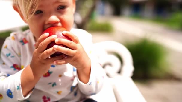 Kleines Mädchen Isst Einen Großen Roten Apfel Während Auf Einer — Stockvideo
