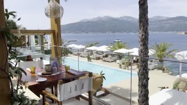 Outdoor Terrace Hotel Restaurant Pool Sun Loungers Beach Umbrellas High — Video Stock