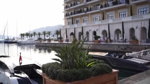 Promenade Van Porto Met Afgemeerde Jachten Dure Hotels Hoge Kwaliteit — Stockvideo