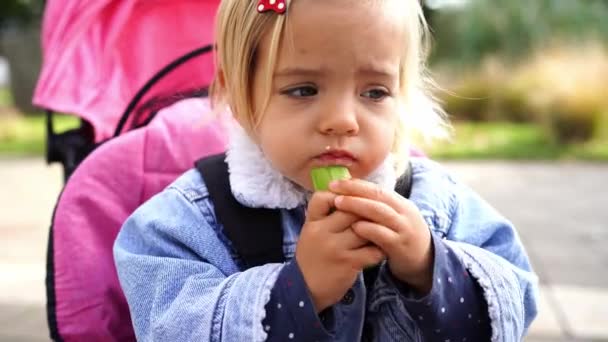 Little Girl Sits Stroller Eats Cucumber High Quality Footage — Video Stock