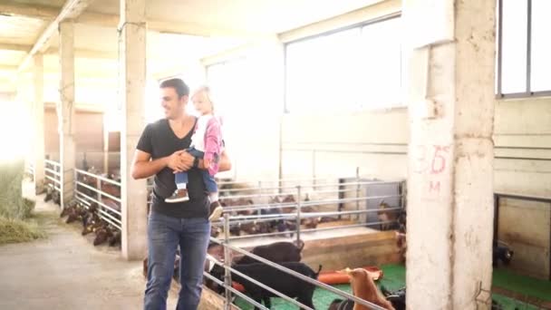 Dad Little Girl His Arms Walks Farm Shows Her Goats — Stockvideo