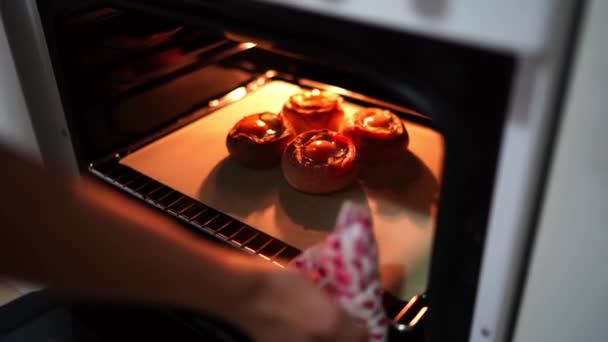 Cook Takes Baking Sheet Baked Egg Buns Out Oven High — Wideo stockowe