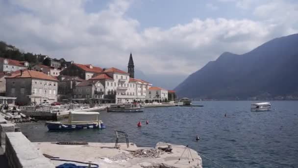 Pier Moored Boats Coast Dobrota Montenegro High Quality Fullhd Footage — Stockvideo