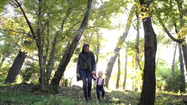 Mom Little Girl Goes Hill Sunny Park High Quality Footage — Vídeo de Stock