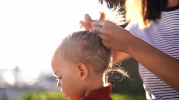 Mom Ties Little Girl Ponytail Puts Elastic Band High Quality — Stockvideo