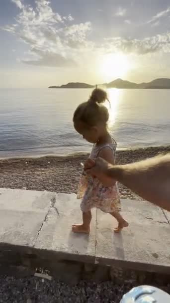 Маленькая Девочка Ходит Босиком Каменному Бордюру Над Пляжем Держа Отца — стоковое видео