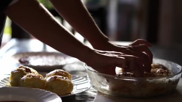 Cook Removes Steaming Buns Bowl Her Hands High Quality Footage — Vídeo de Stock