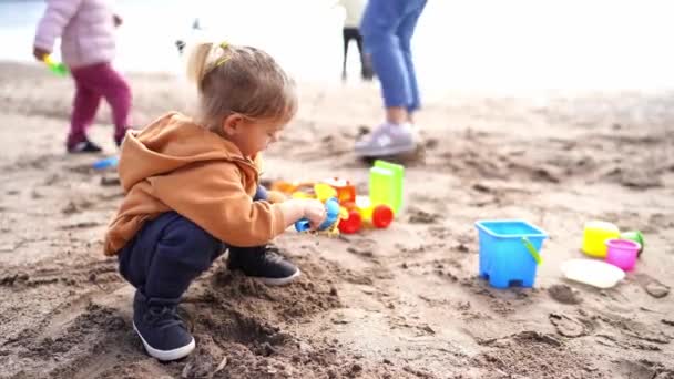 Little Girl Playing Multi Colored Plastic Molds Sandy Beach High — Stockvideo