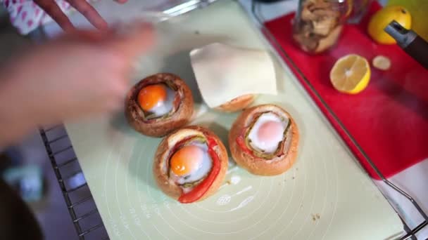 Housewife Covers Buns Egg Baking Sheet Pieces Cheese High Quality — Vídeos de Stock