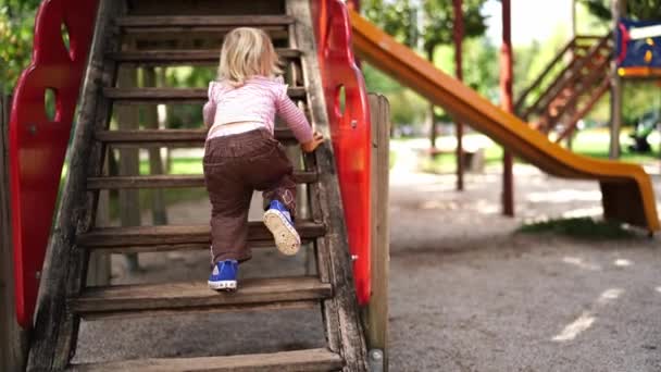 Little Girl Climbs Ladder Slide Playground Park High Quality Footage — Wideo stockowe