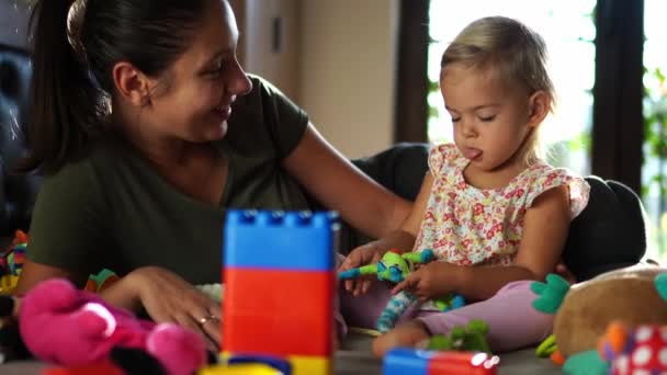 Mom Tells Something Little Girl Playing Soft Toy High Quality — Wideo stockowe
