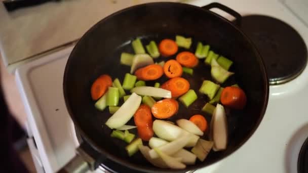 Woman Pouring Chopped Vegetables Oil Frying Pan High Quality Footage — Vídeo de Stock