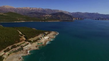 Green mountain range along the bay. Drone. High quality 4k footage