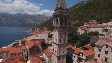 Church of St. Nicholas with a high belfry. Perast, Montenegro. High quality 4k footage