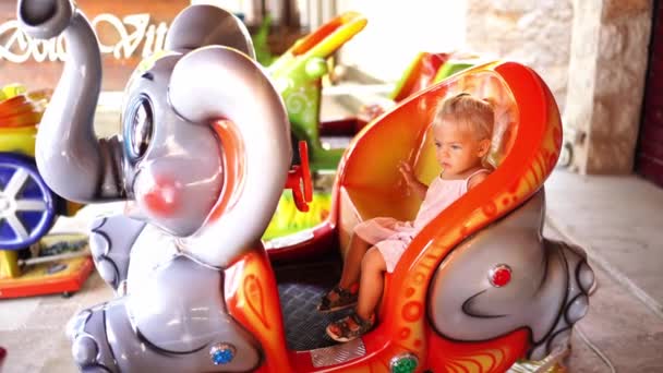 Little Girl Sits Swing Form Elephant Amusement Park High Quality — 图库视频影像