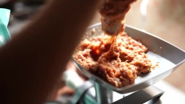 Νοικοκυρά Σπρώχνει Κιμά Μύλο Κρέατος Για Γεμίσει Λουκάνικα Υψηλής Ποιότητας — Αρχείο Βίντεο
