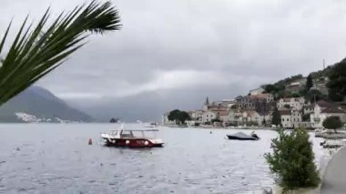 View through the palm leaves to the pier of Perast with moored boats. Montenegro. High quality 4k footage