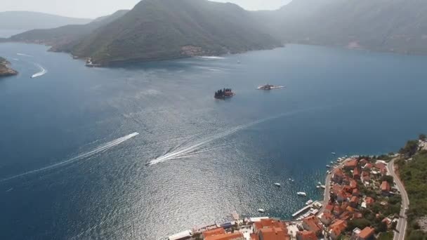 Aerial View Islands Perast Green Mountains Background High Quality Footage — Stock Video