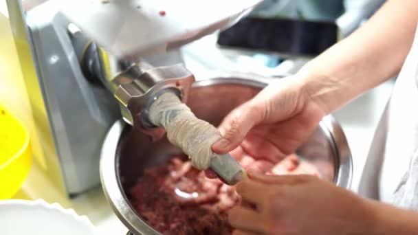 Szef Kuchni Zakłada Kiełbasę Elektryczną Maszynkę Mięsa Wysokiej Jakości Materiał — Wideo stockowe