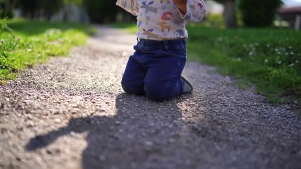 Little Girl Crawls Her Knees Gravel Path Keeps Her Back — Stock videók