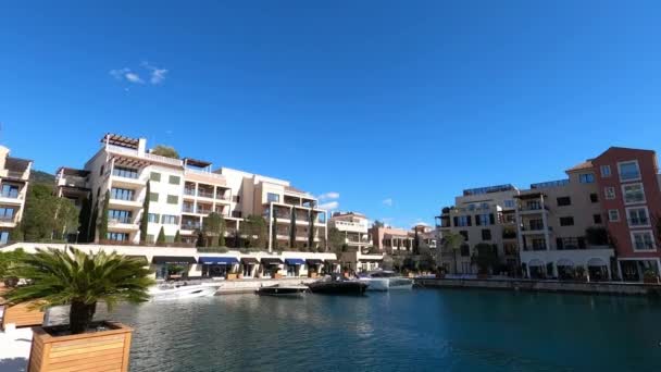 Pier Med Förtöjda Båtar Nära Lyxhotell Stranden Porto Montenegro Högkvalitativ — Stockvideo