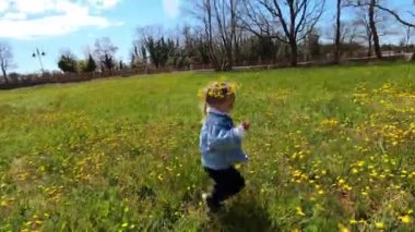 Little girl in a wreath of dandelions runs to her mother, who takes a picture of her. High quality 4k footage