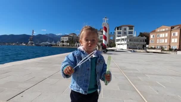 Little Girl Blowing Soap Bubbles Promenade Sea High Quality Footage — Wideo stockowe