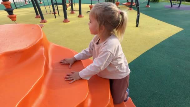 Mała Dziewczynka Wspina Się Schodach Kompleksu Zabaw Wysokiej Jakości Materiał — Wideo stockowe