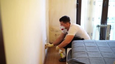 Man in a mask cleans the mold from the wall near the bed in the apartment. High quality 4k footage