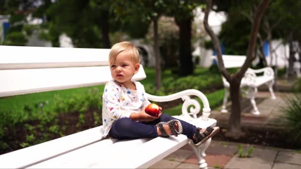 Little Girl Eats Big Apple While Sitting Park Bench High — Vídeos de Stock