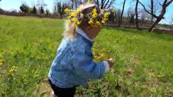 Sarı Karahindiba Çelenginde Küçük Bir Kız Yeşil Çimenler Boyunca Koşar — Stok video