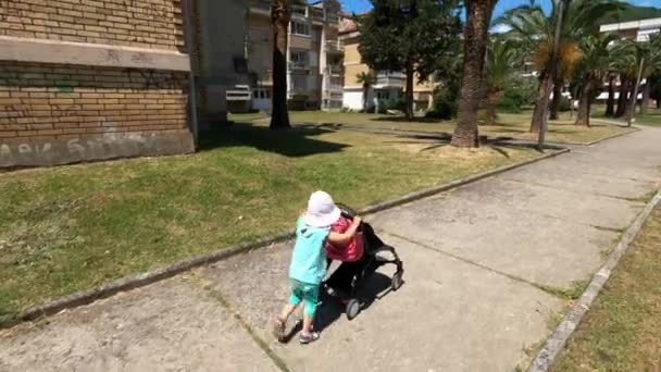 Little Girl Panama Hat Pushing Stroller Path Park Multi Storey — 비디오