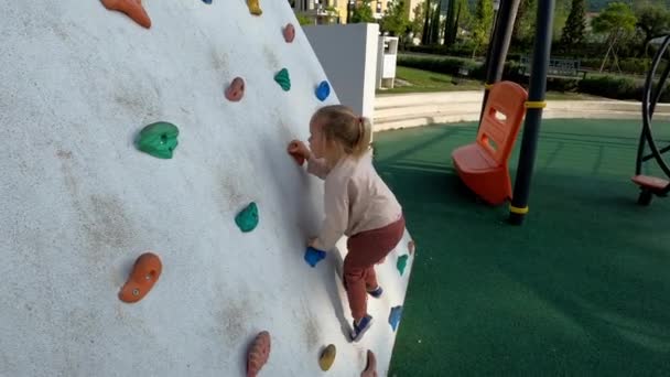 Tırmanma Duvarına Tırmanan Küçük Bir Kız Kolları Bacaklarıyla Tutunarak Yüksek — Stok video