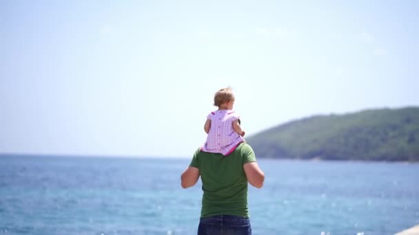 Dad Little Girl His Shoulders Walks Pier Looks Sea High — Video