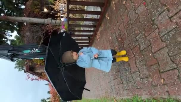 Little Girl Walks Paved Path Rain Wind Blows Her Umbrella — Stockvideo