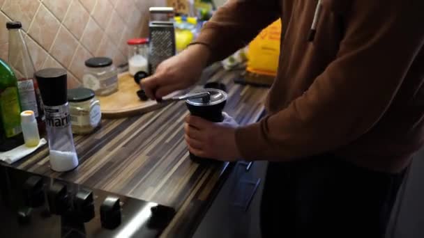 Barista Grinds Coffee Manual Coffee Grinder Table High Quality Footage — Stockvideo