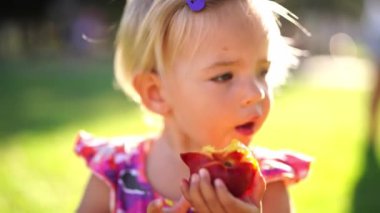 Little girl eating a juicy peach while standing on a sunny lawn. High quality 4k footage