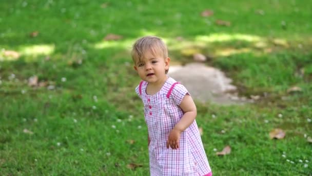Little Smiling Girl Walks Lawn Stretching Her Arms Forward High — Stock videók