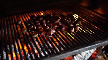Chestnuts are roasted on the grill over the fire in the oven. High quality 4k footage