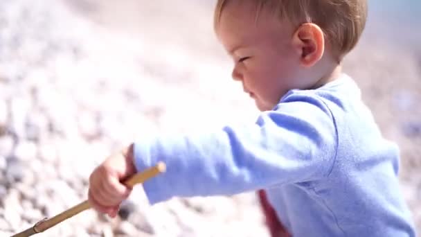 Small Child Sits Beach Picks Pebbles Stick High Quality Footage — Video