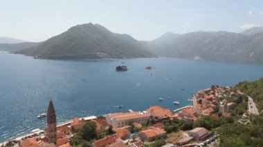 Drone view of the islands near Perast in the Bay of Kotor. Montenegro. High quality 4k footage
