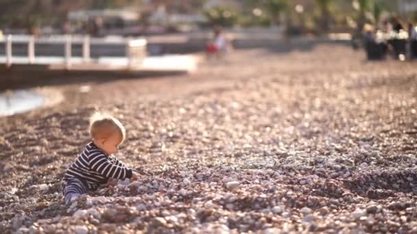 Bambina Seduta Una Spiaggia Ciottoli Curiosare Tra Ciottoli Filmati Alta — Video Stock