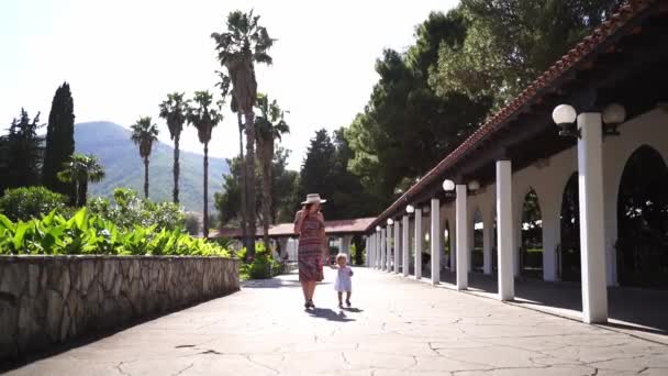 Mom Little Girl Walking Tiled Path Park Holding Hands High — Stock Video